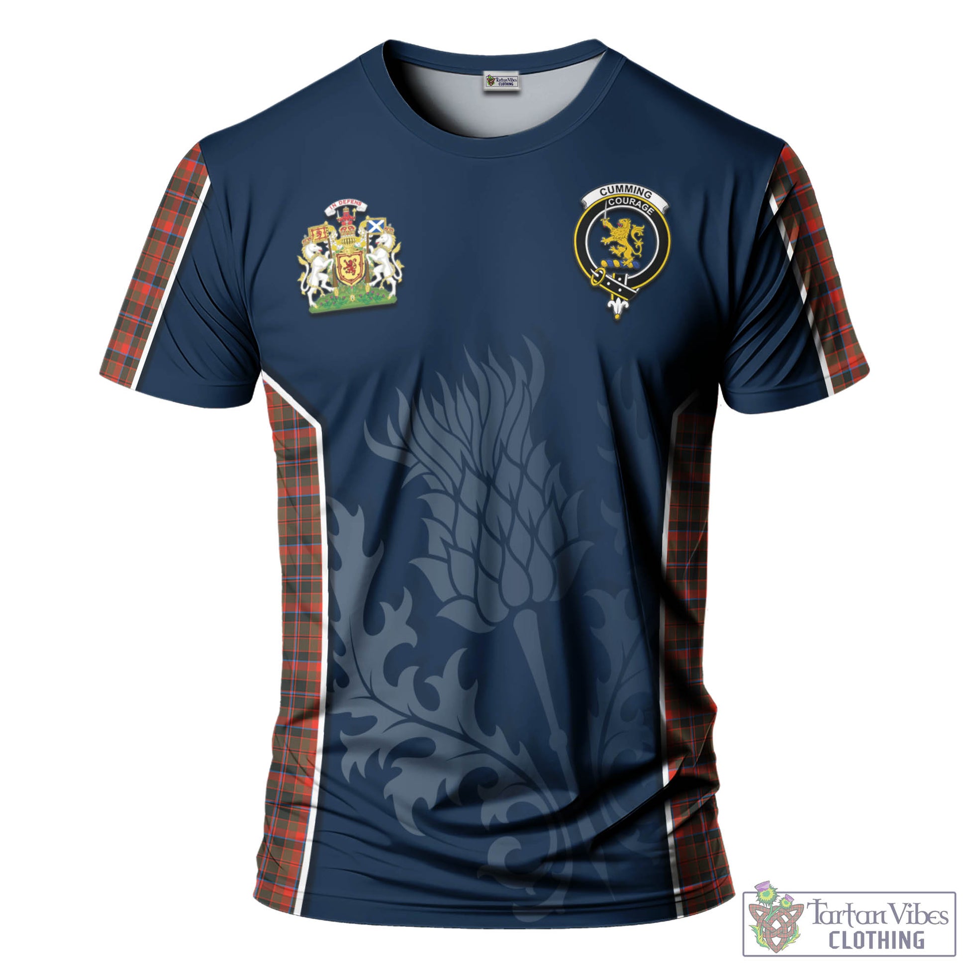 Tartan Vibes Clothing Cumming Hunting Weathered Tartan T-Shirt with Family Crest and Scottish Thistle Vibes Sport Style