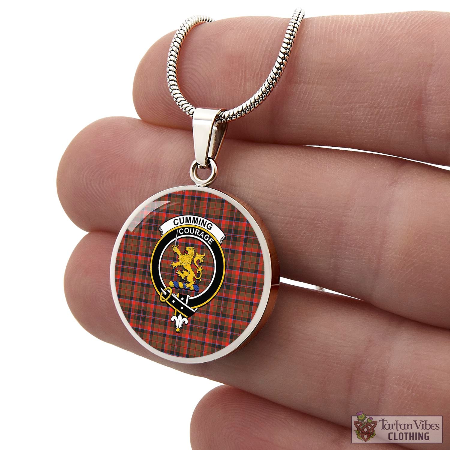 Tartan Vibes Clothing Cumming Hunting Weathered Tartan Circle Necklace with Family Crest