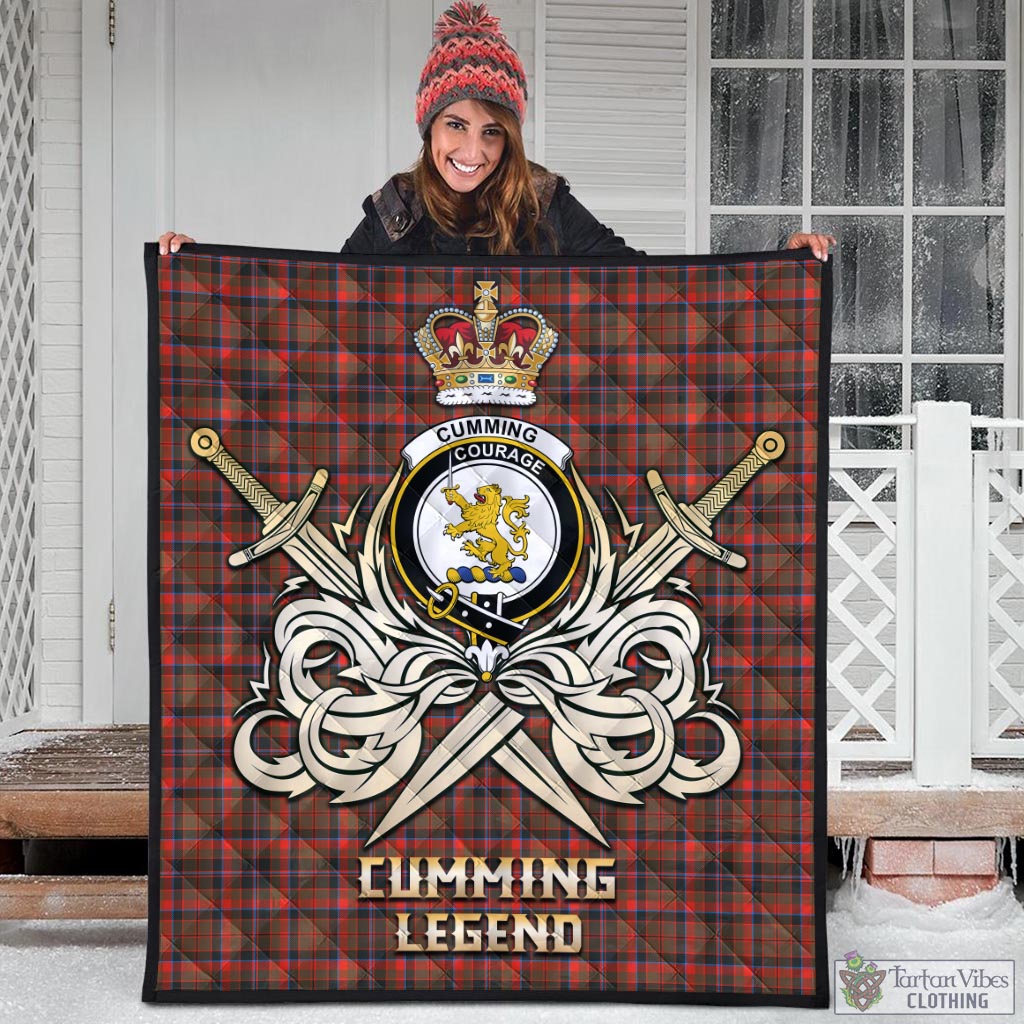 Tartan Vibes Clothing Cumming Hunting Weathered Tartan Quilt with Clan Crest and the Golden Sword of Courageous Legacy