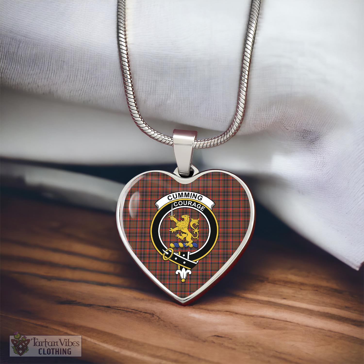 Tartan Vibes Clothing Cumming Hunting Weathered Tartan Heart Necklace with Family Crest