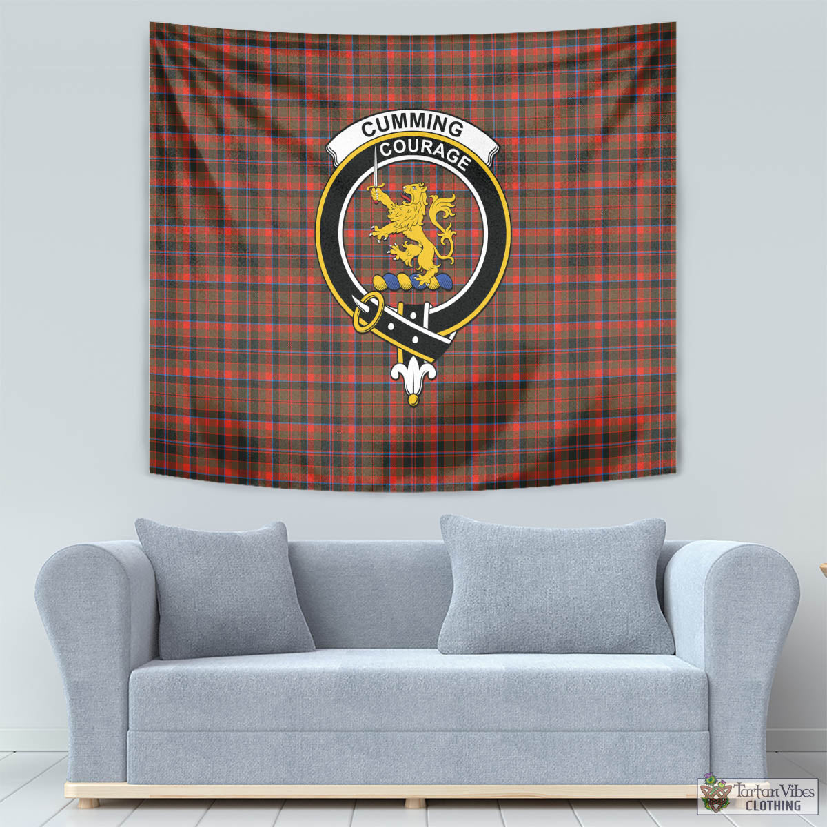 Tartan Vibes Clothing Cumming Hunting Weathered Tartan Tapestry Wall Hanging and Home Decor for Room with Family Crest