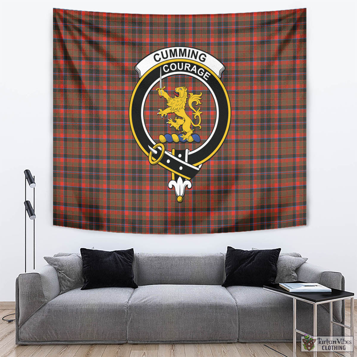 Tartan Vibes Clothing Cumming Hunting Weathered Tartan Tapestry Wall Hanging and Home Decor for Room with Family Crest