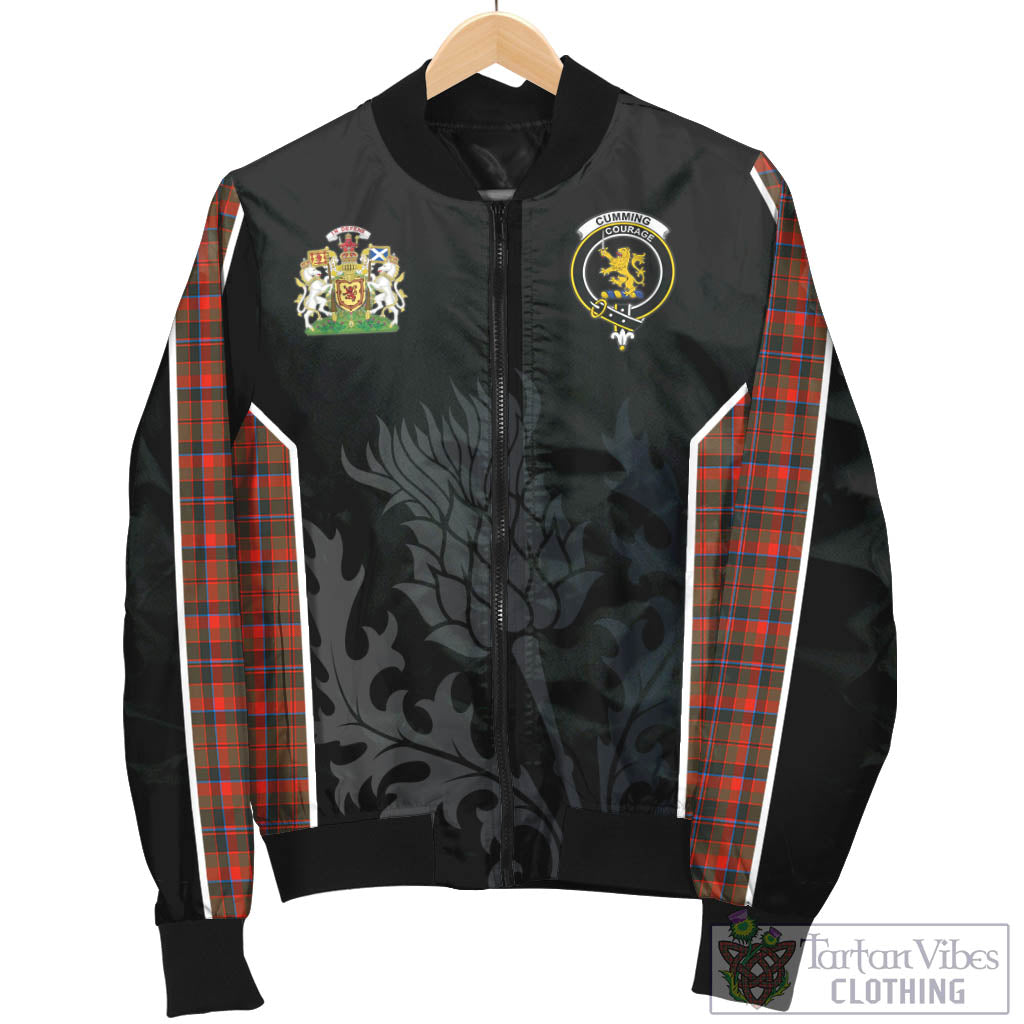 Tartan Vibes Clothing Cumming Hunting Weathered Tartan Bomber Jacket with Family Crest and Scottish Thistle Vibes Sport Style