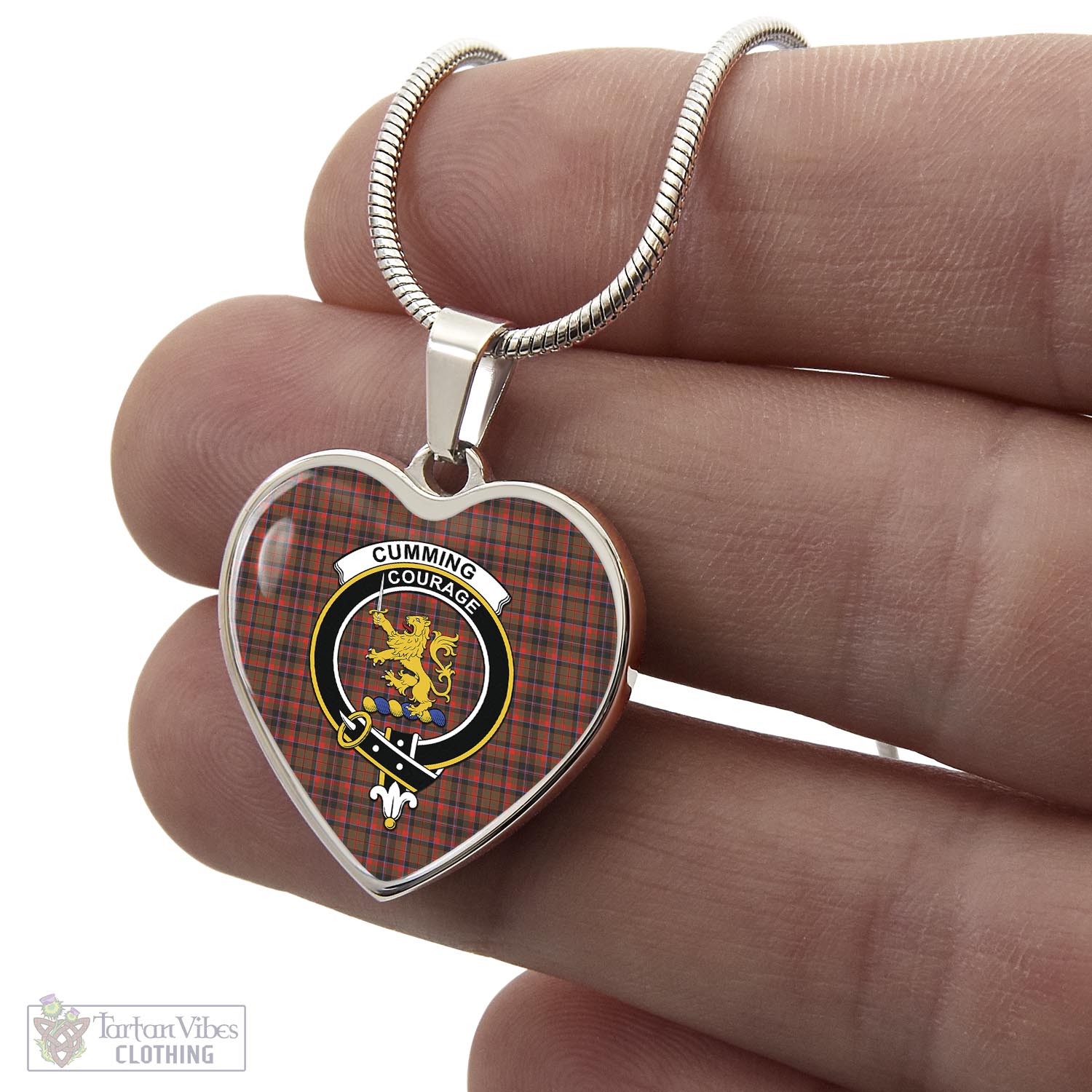 Tartan Vibes Clothing Cumming Hunting Weathered Tartan Heart Necklace with Family Crest