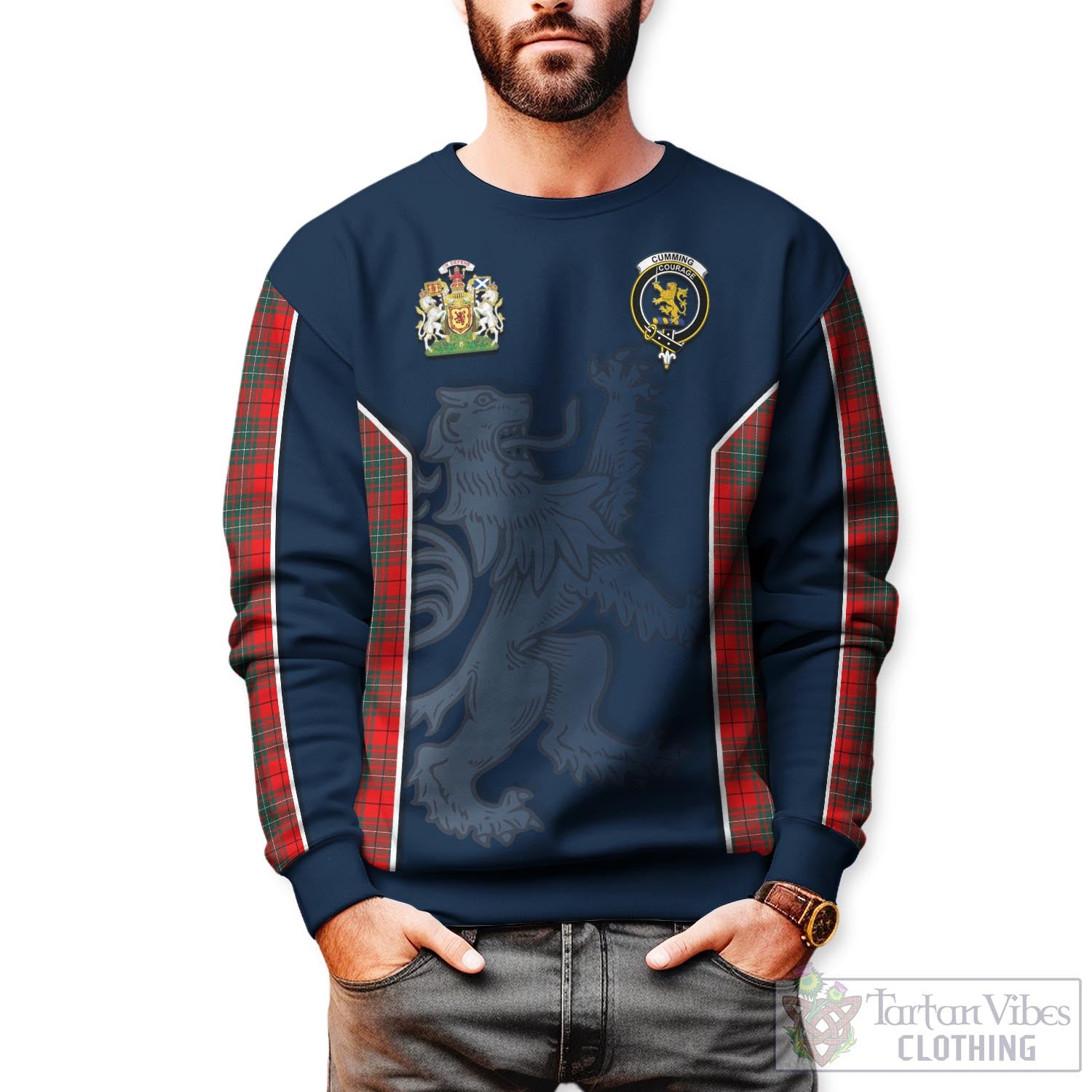 Tartan Vibes Clothing Cumming Modern Tartan Sweater with Family Crest and Lion Rampant Vibes Sport Style