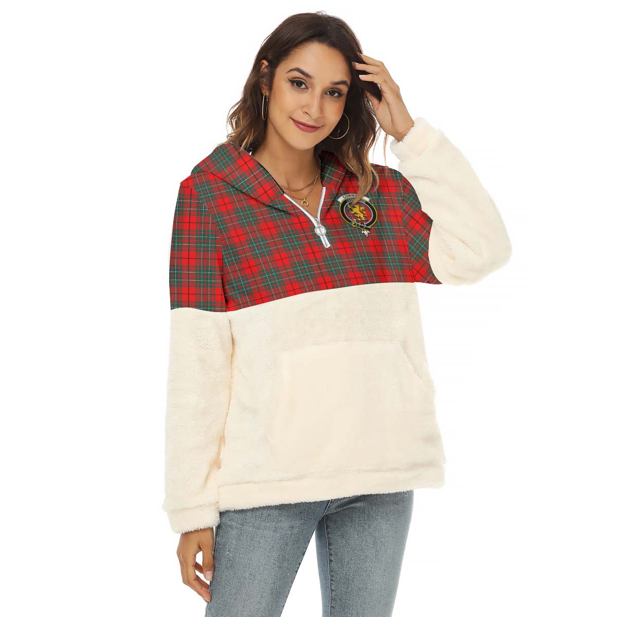 Cumming Modern Tartan Women's Borg Fleece Hoodie With Half Zip with Family Crest Female - Tartan Vibes Clothing