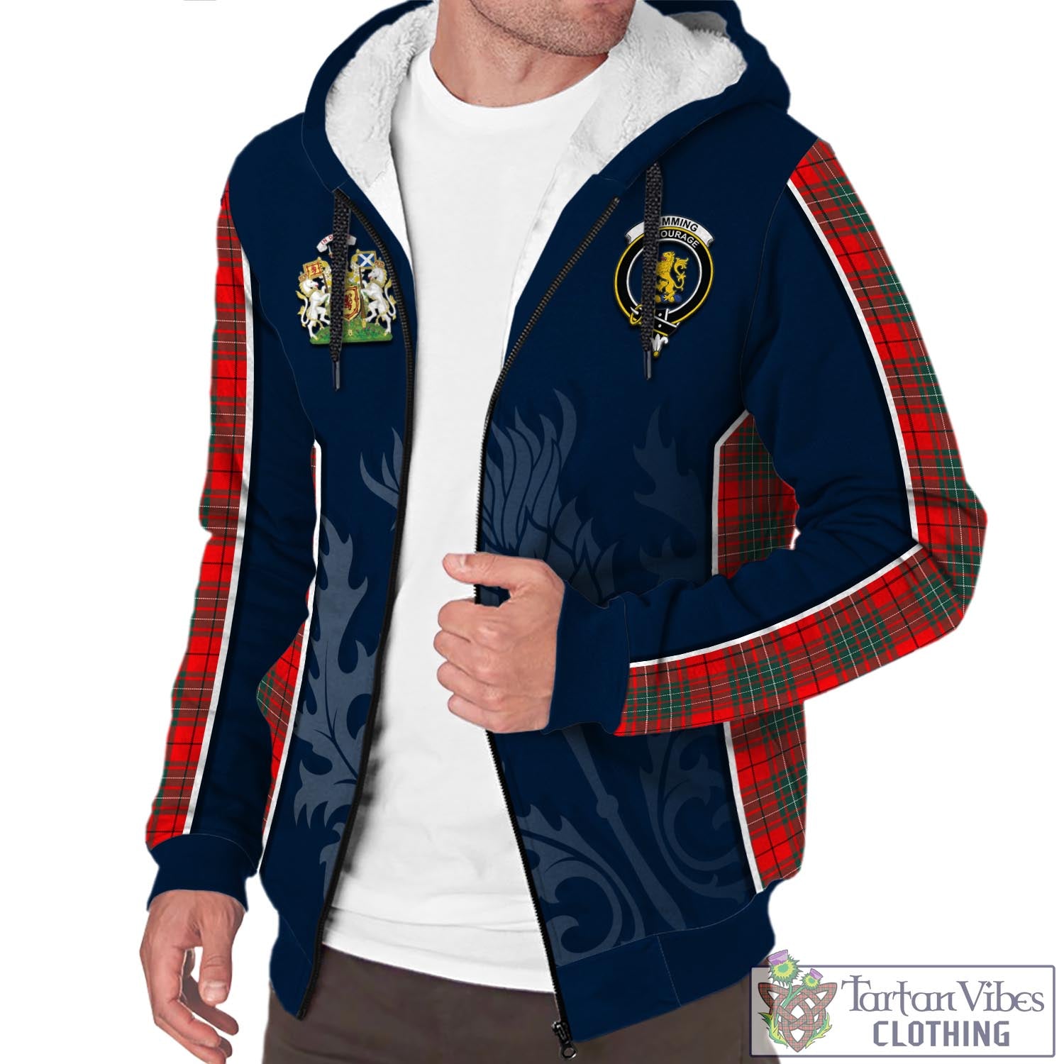 Tartan Vibes Clothing Cumming Modern Tartan Sherpa Hoodie with Family Crest and Scottish Thistle Vibes Sport Style