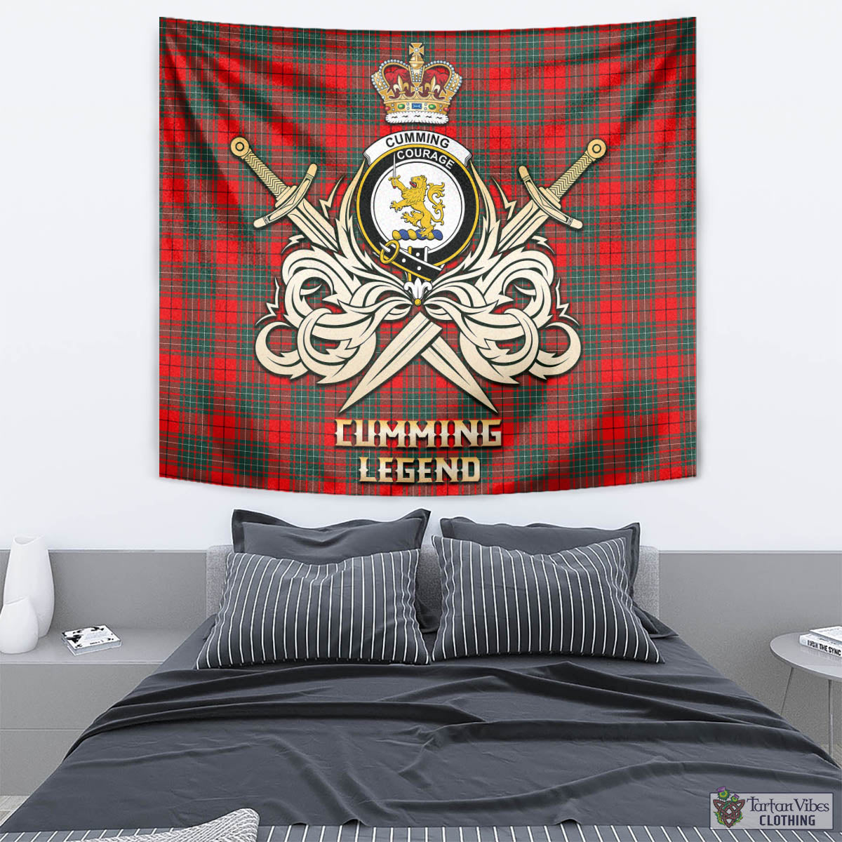 Tartan Vibes Clothing Cumming Modern Tartan Tapestry with Clan Crest and the Golden Sword of Courageous Legacy