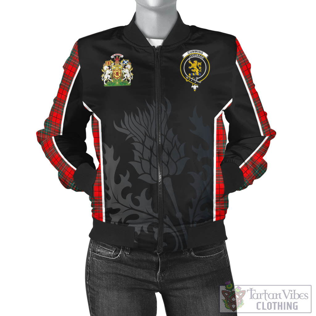 Tartan Vibes Clothing Cumming Modern Tartan Bomber Jacket with Family Crest and Scottish Thistle Vibes Sport Style