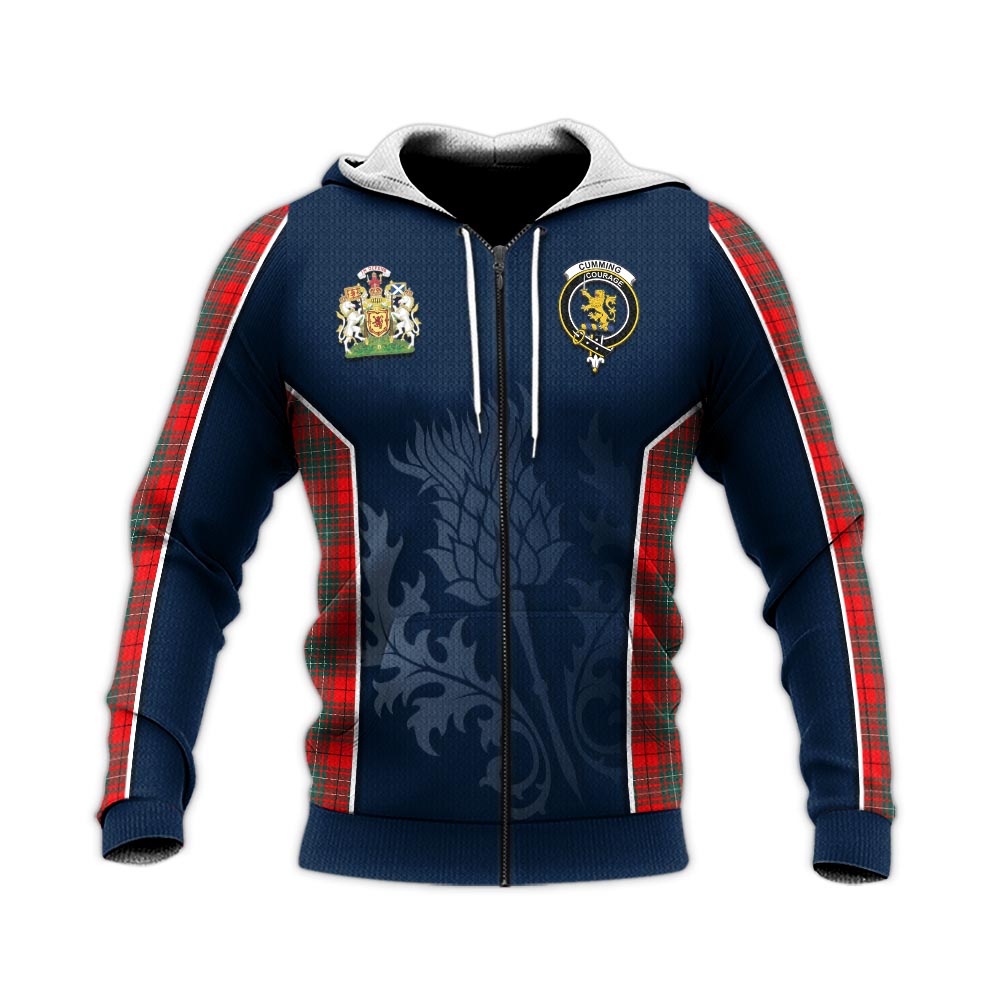 Tartan Vibes Clothing Cumming Modern Tartan Knitted Hoodie with Family Crest and Scottish Thistle Vibes Sport Style