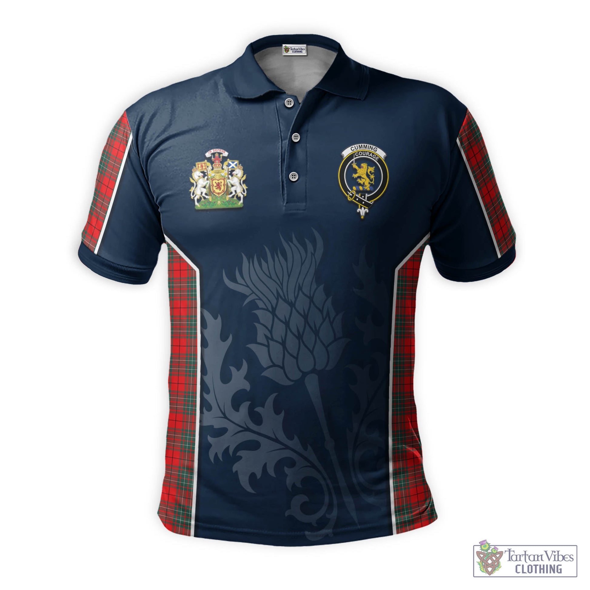 Tartan Vibes Clothing Cumming Modern Tartan Men's Polo Shirt with Family Crest and Scottish Thistle Vibes Sport Style