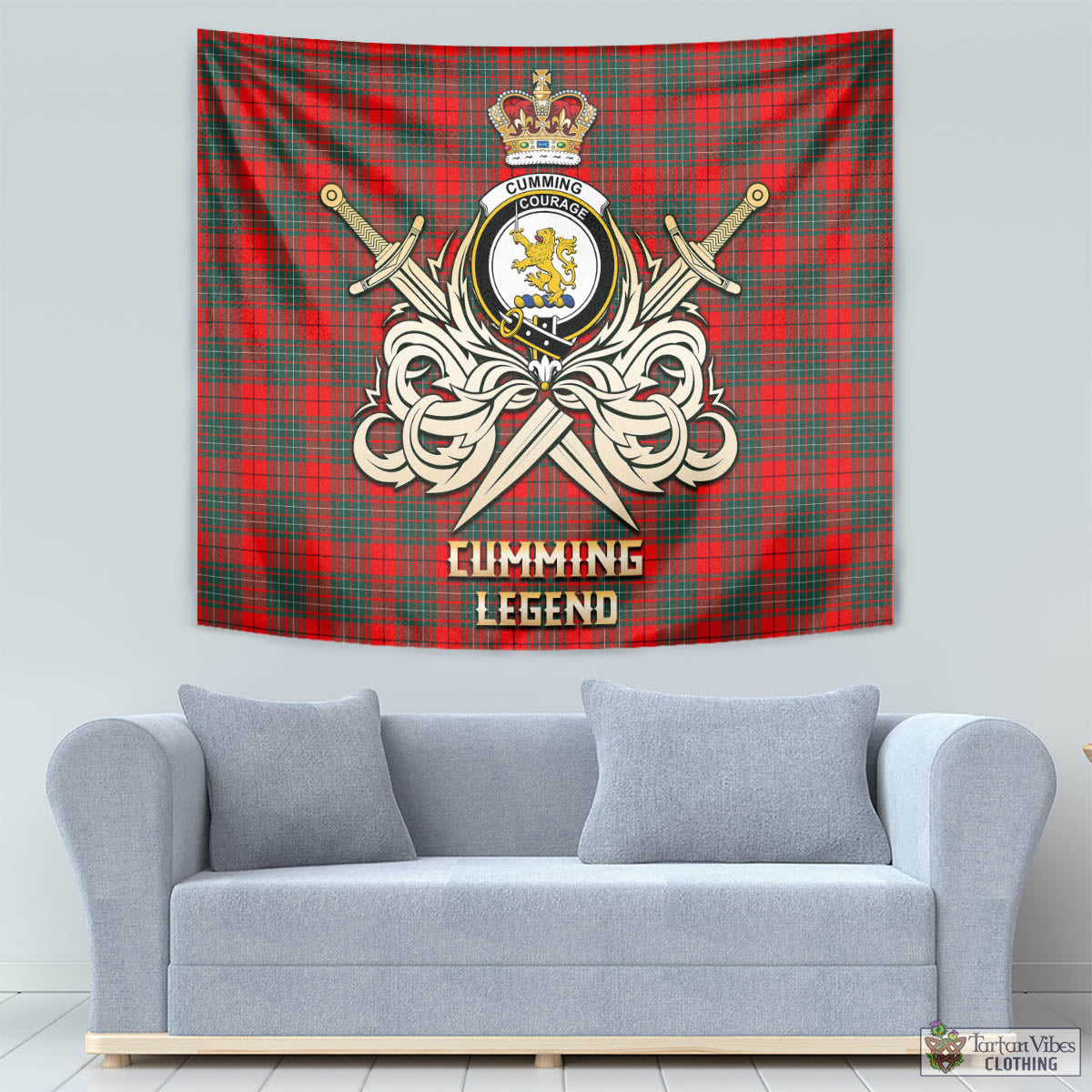 Tartan Vibes Clothing Cumming Modern Tartan Tapestry with Clan Crest and the Golden Sword of Courageous Legacy