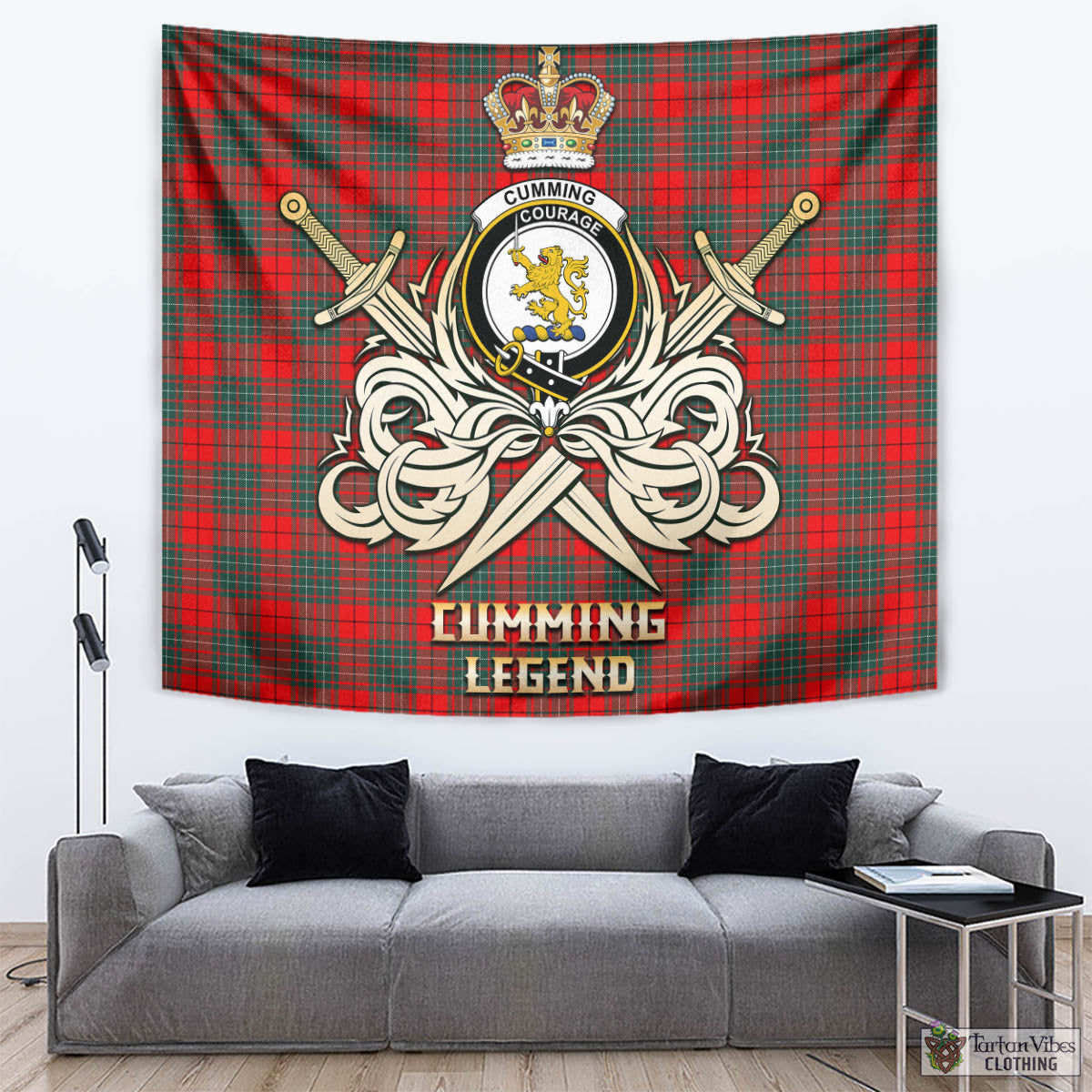 Tartan Vibes Clothing Cumming Modern Tartan Tapestry with Clan Crest and the Golden Sword of Courageous Legacy