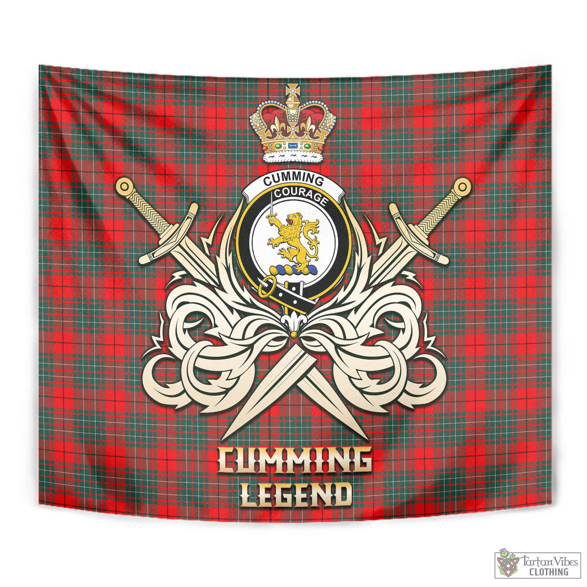 Tartan Vibes Clothing Cumming Modern Tartan Tapestry with Clan Crest and the Golden Sword of Courageous Legacy