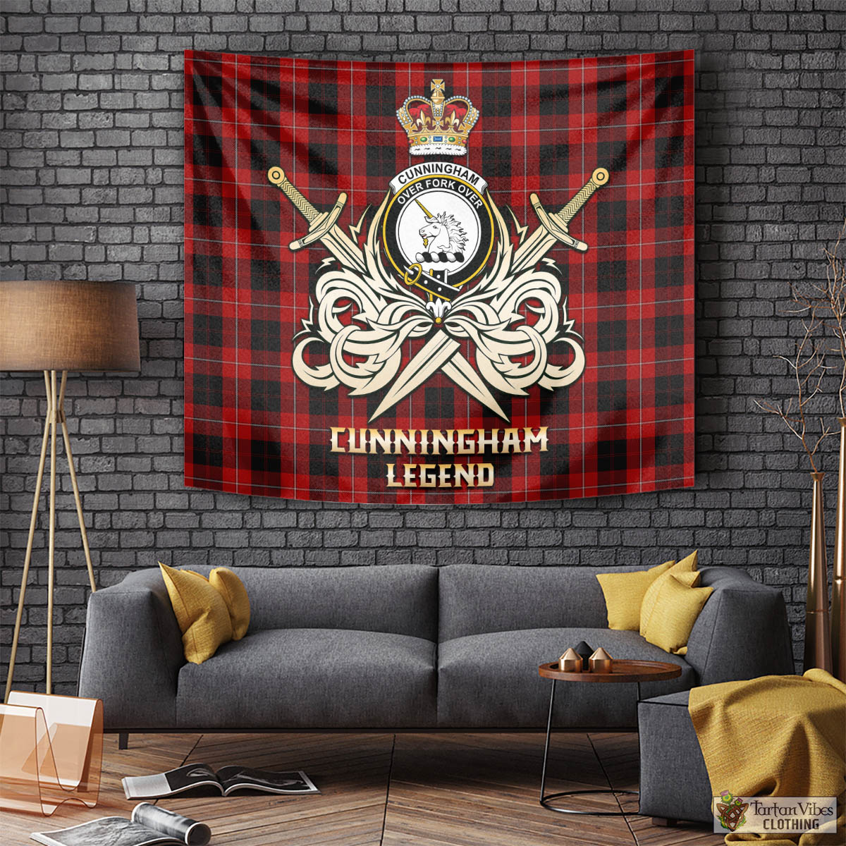 Tartan Vibes Clothing Cunningham Tartan Tapestry with Clan Crest and the Golden Sword of Courageous Legacy