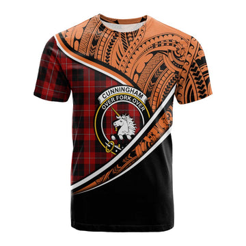 Cunningham Crest Tartan Cotton T-shirt with Polynesian Vibes Style - Orange Version