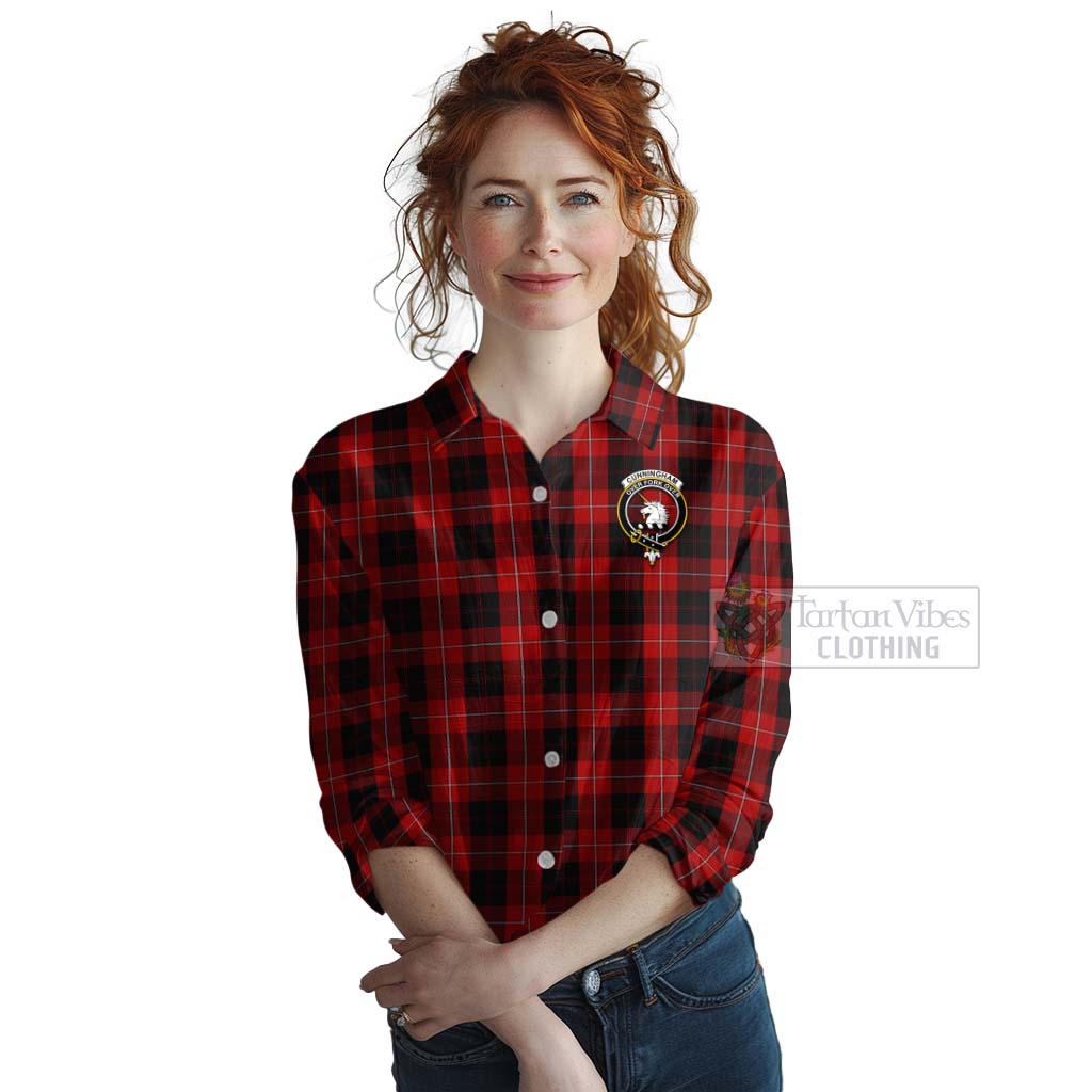 Tartan Vibes Clothing Cunningham Tartan Women's Casual Shirt with Family Crest and Bearded Skull Holding Bottles of Whiskey