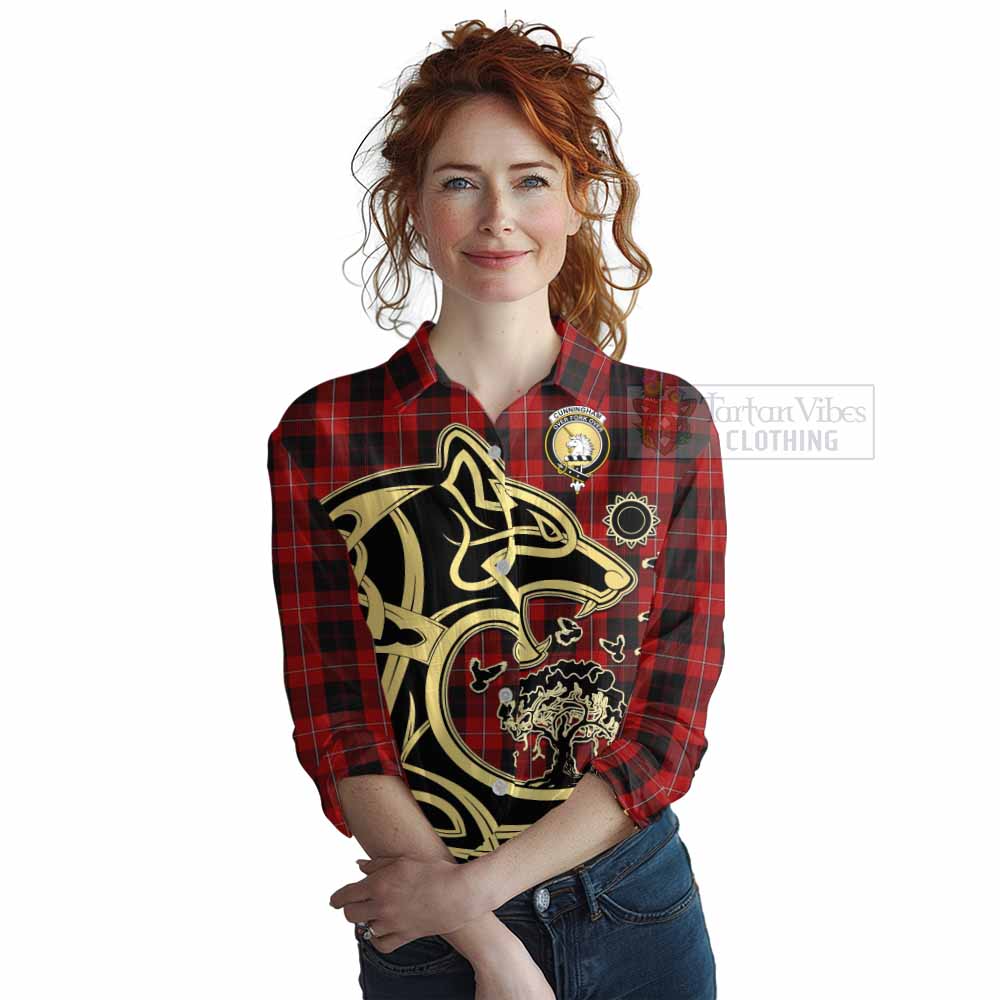 Tartan Vibes Clothing Cunningham Tartan Women's Casual Shirt with Family Crest Celtic Wolf Style