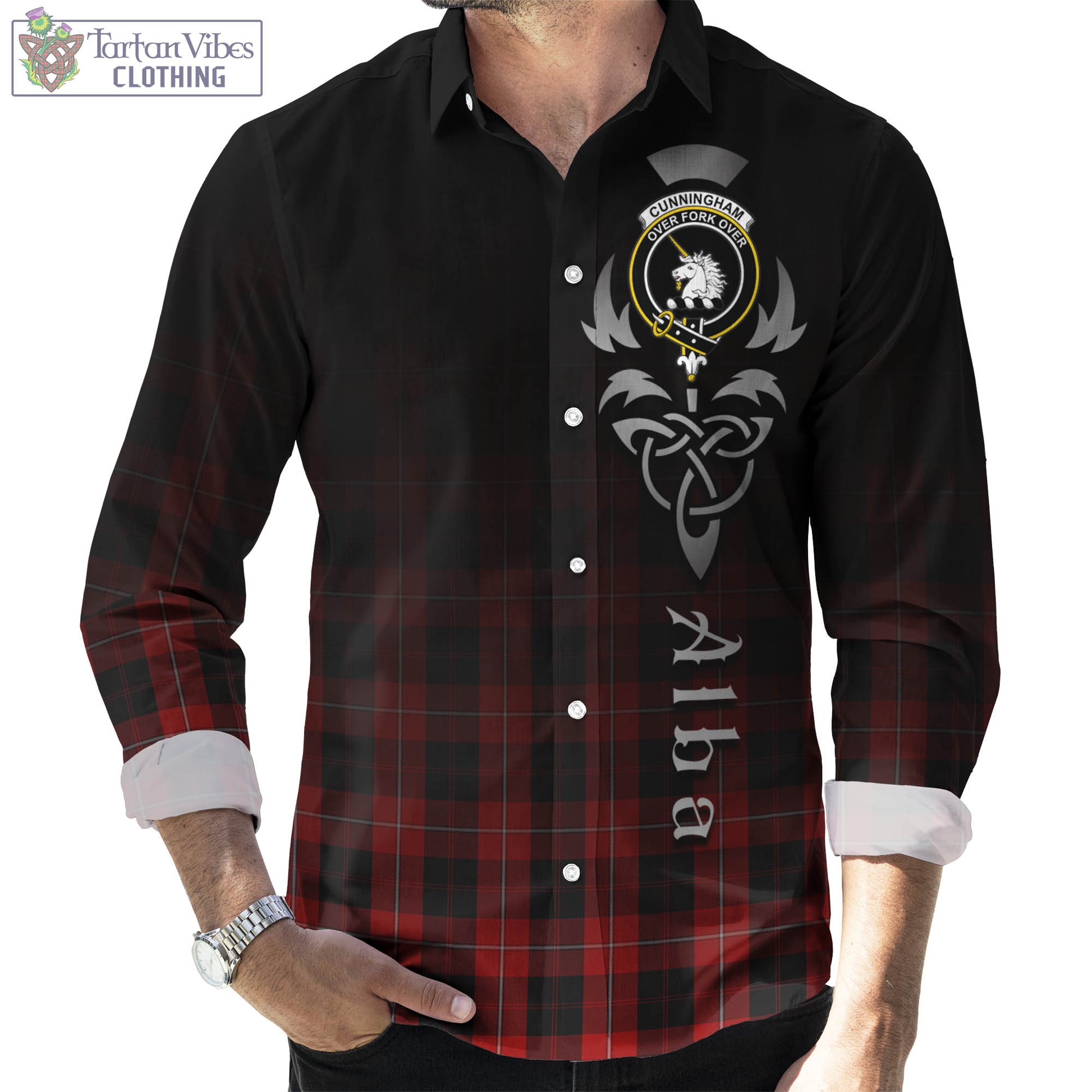 Tartan Vibes Clothing Cunningham Tartan Long Sleeve Button Up Featuring Alba Gu Brath Family Crest Celtic Inspired