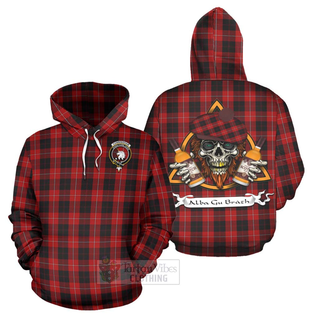 Tartan Vibes Clothing Cunningham Tartan Hoodie with Family Crest and Bearded Skull Holding Bottles of Whiskey