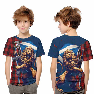 Cunningham Tartan Family Crest Kid T-Shirt with Scottish Majestic Lion