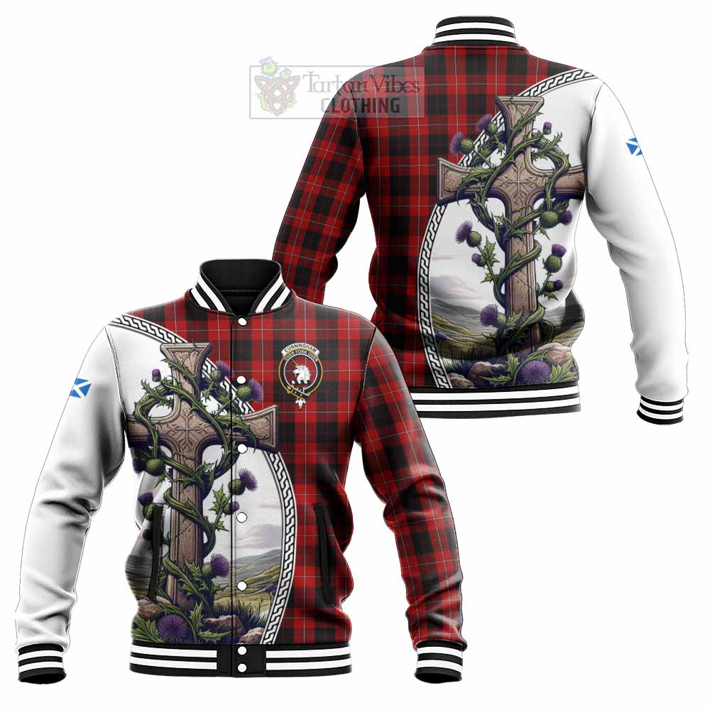 Cunningham Tartan Baseball Jacket with Family Crest and St. Andrew's Cross Accented by Thistle Vines Unisex - Tartan Vibes Clothing