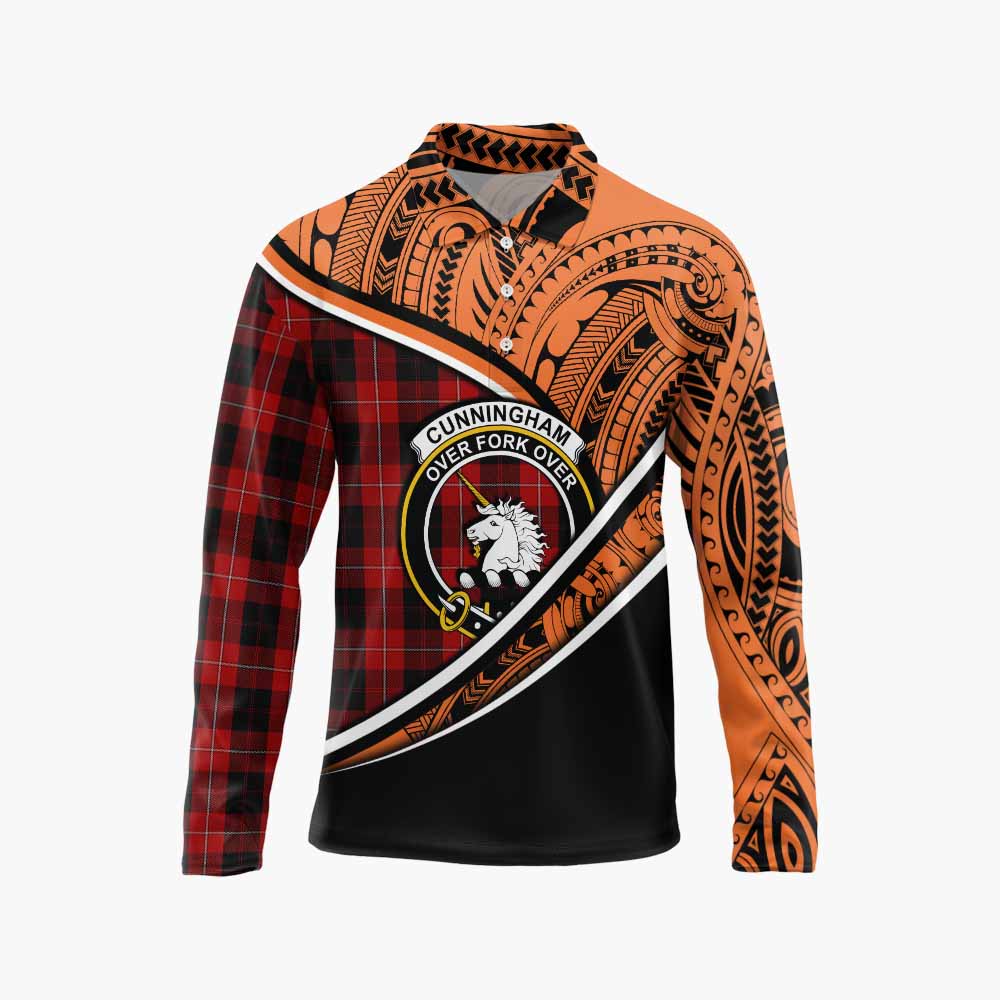 Tartan Vibes Clothing Cunningham Crest Tartan Long Sleeve Polo Shirt with Maori Tattoo Style - Orange Version