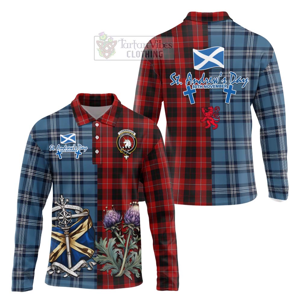 Tartan Vibes Clothing Cunningham Tartan Long Sleeve Polo Shirt Happy St. Andrew's Day Half Tartan Style