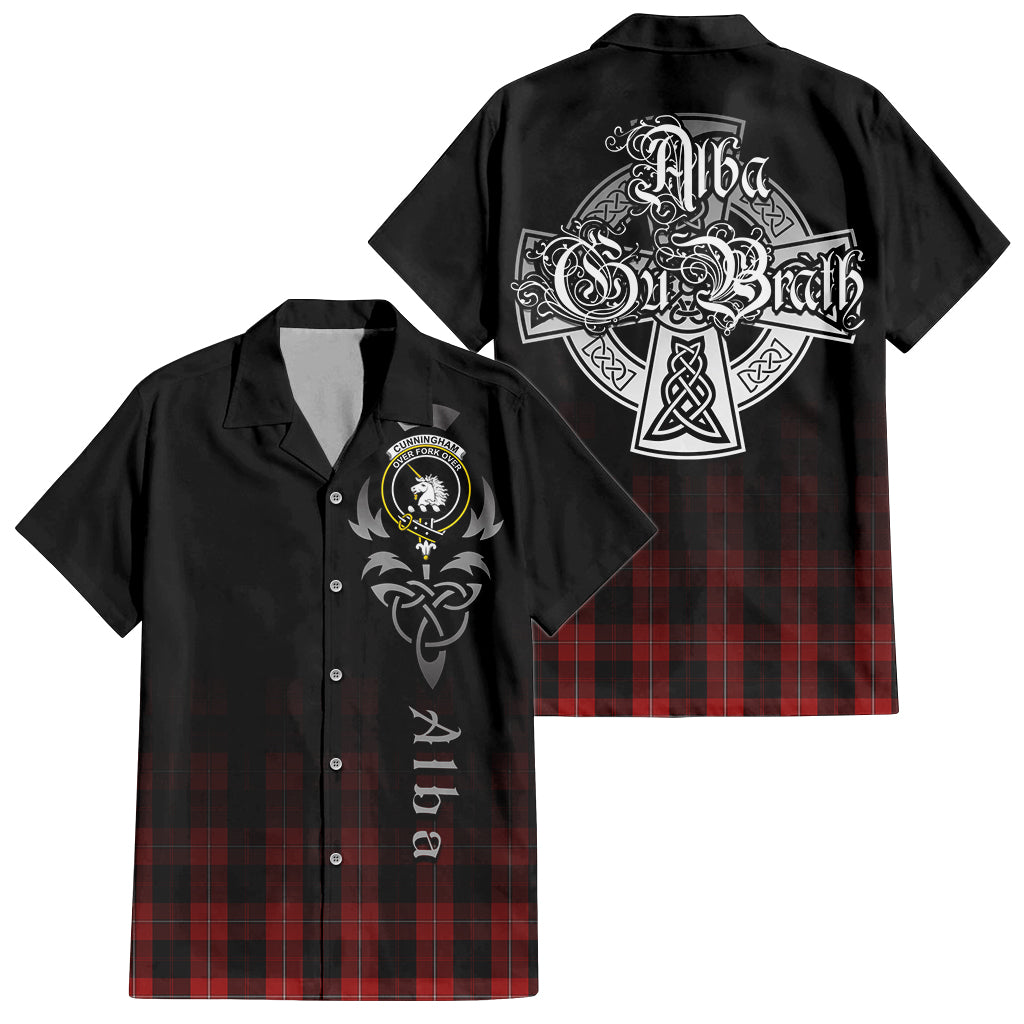 Tartan Vibes Clothing Cunningham Tartan Short Sleeve Button Up Featuring Alba Gu Brath Family Crest Celtic Inspired