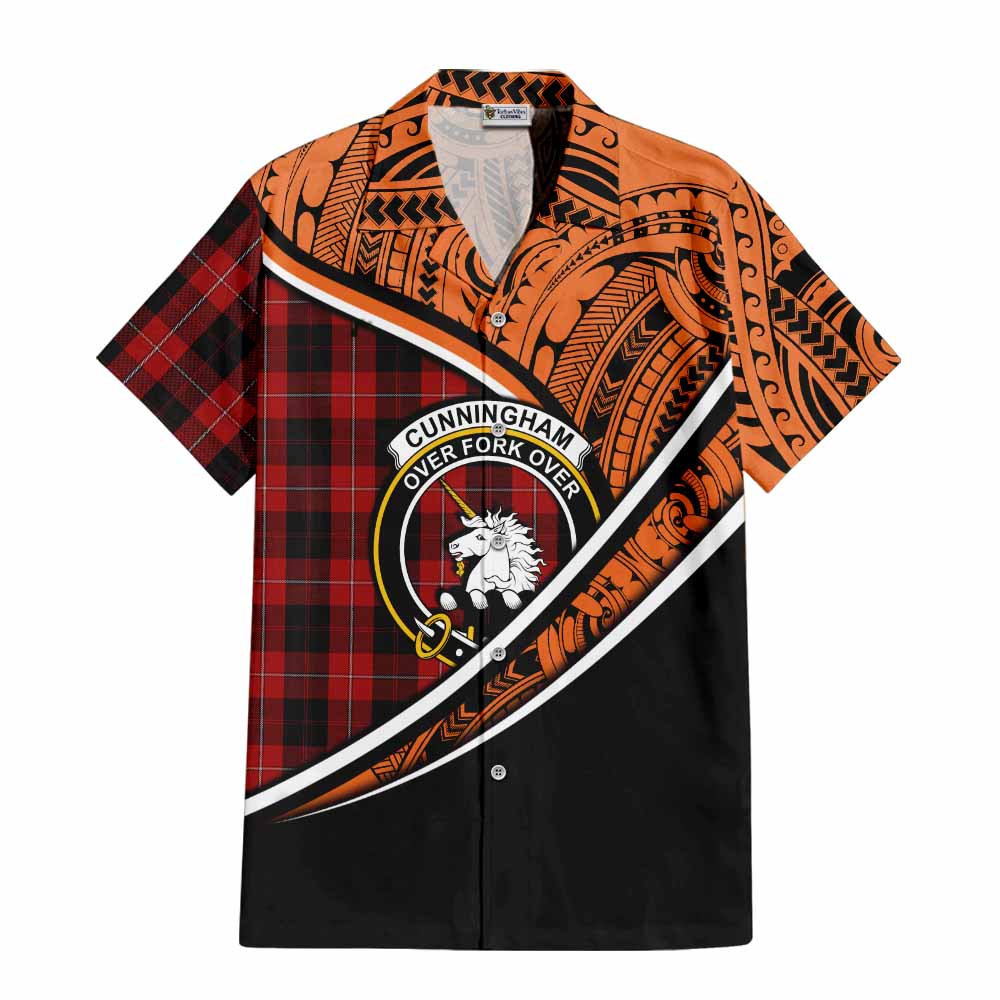 Tartan Vibes Clothing Cunningham Crest Tartan Short Sleeve Button Shirt with Maori Tattoo Style - Orange Version