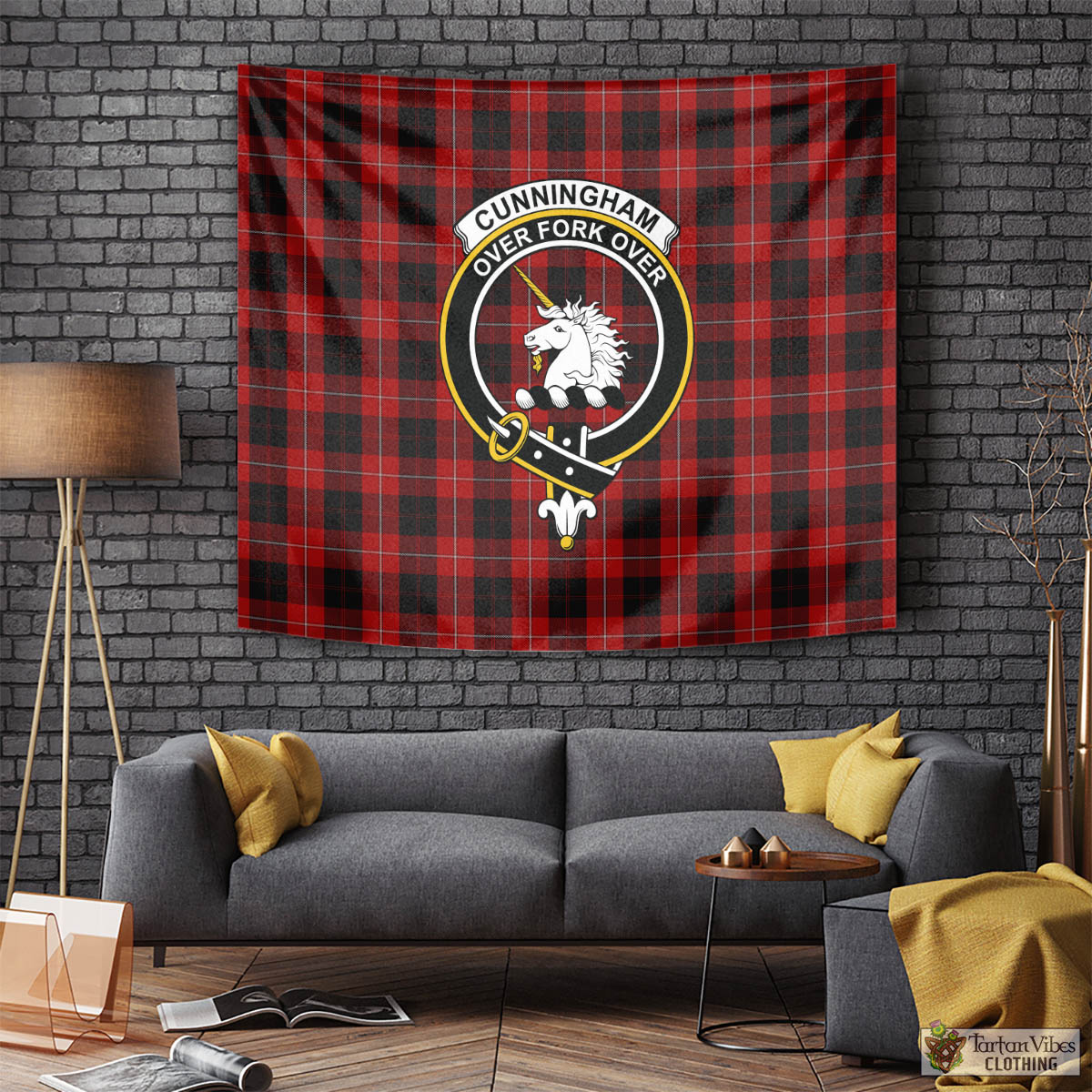 Tartan Vibes Clothing Cunningham Tartan Tapestry Wall Hanging and Home Decor for Room with Family Crest