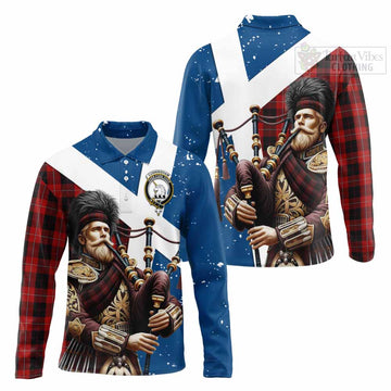 Cunningham Tartan Long Sleeve Polo Shirt with Family Crest Scottish Bagpiper Vibes Unisex - Tartan Vibes Clothing