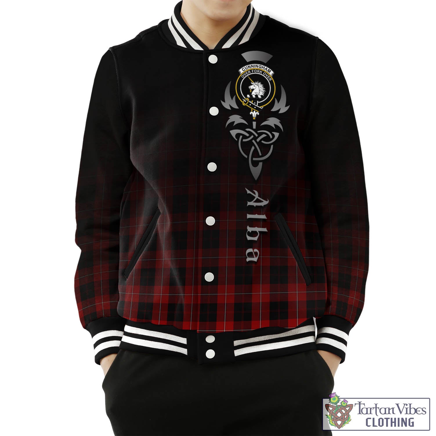 Tartan Vibes Clothing Cunningham Tartan Baseball Jacket Featuring Alba Gu Brath Family Crest Celtic Inspired