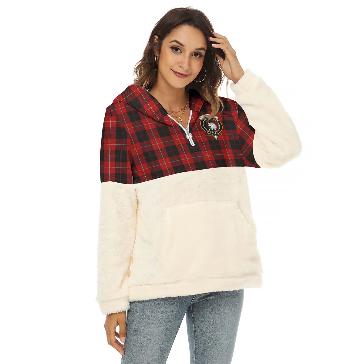 Cunningham Tartan Women's Borg Fleece Hoodie With Half Zip with Family Crest Female - Tartan Vibes Clothing