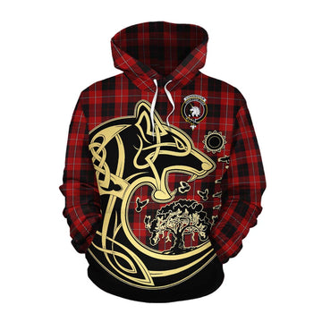 Cunningham Tartan Cotton Hoodie with Family Crest Celtic Wolf Style