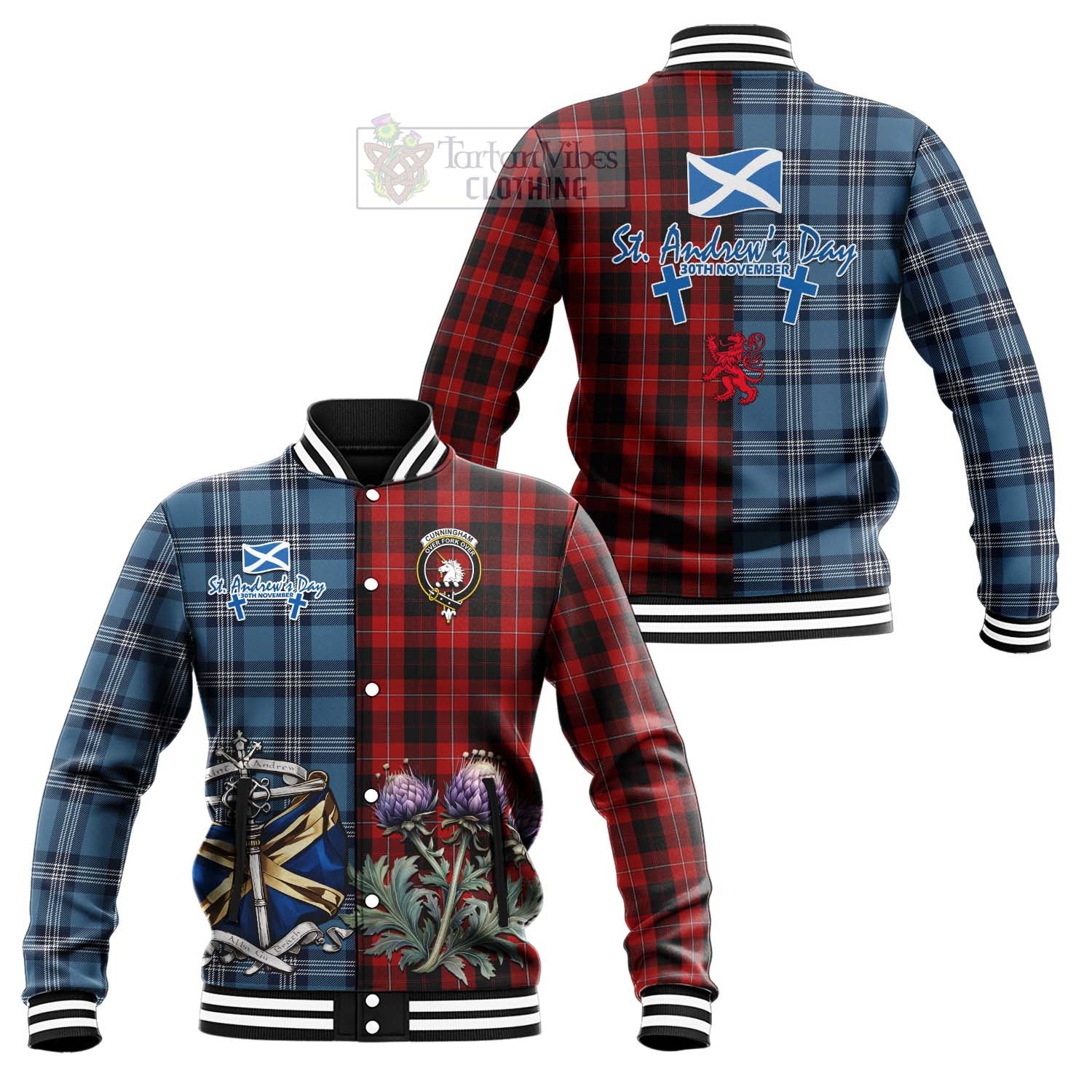 Tartan Vibes Clothing Cunningham Tartan Baseball Jacket Happy St. Andrew's Day Half Tartan Style