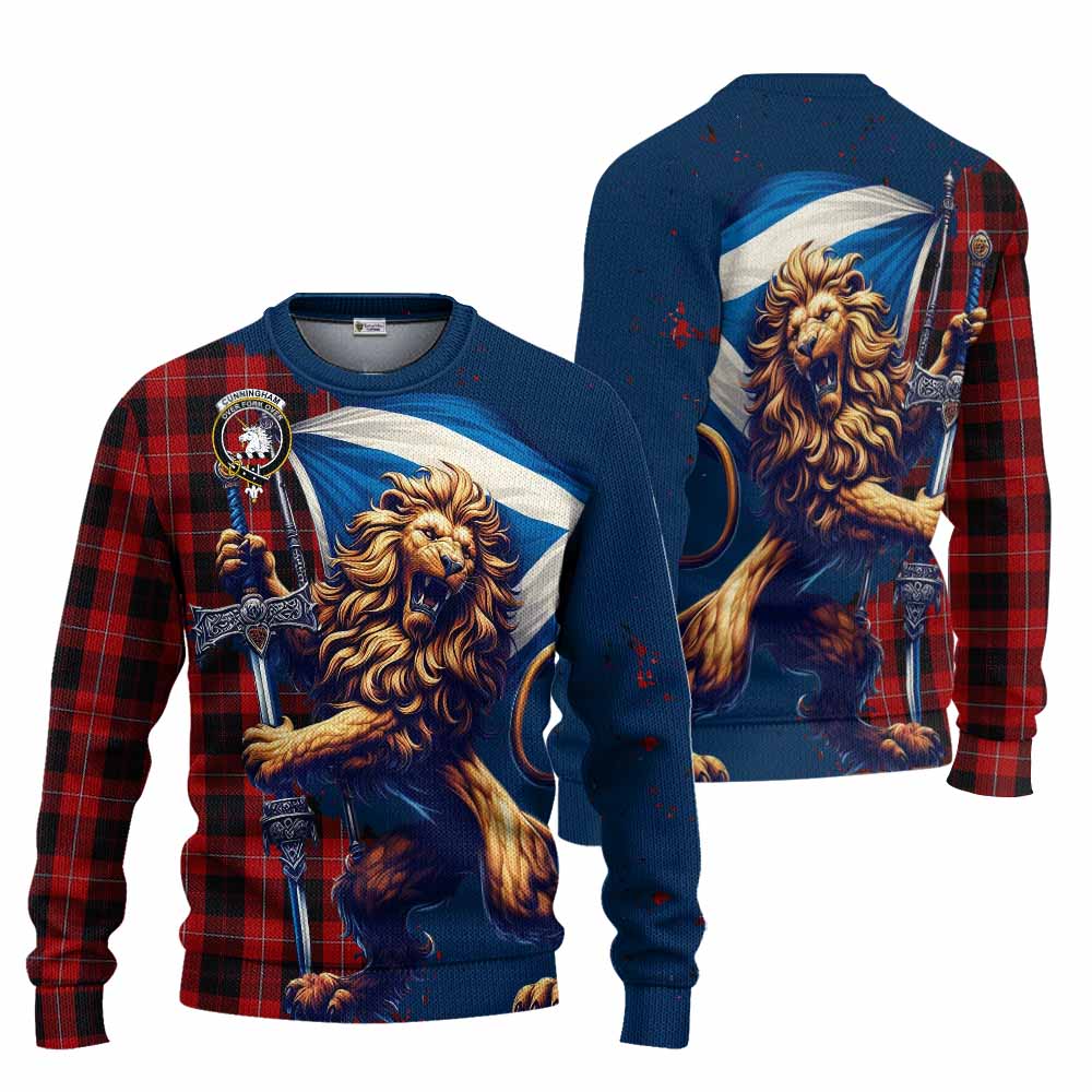 Tartan Vibes Clothing Cunningham Tartan Family Crest Knitted Sweater with Scottish Majestic Lion