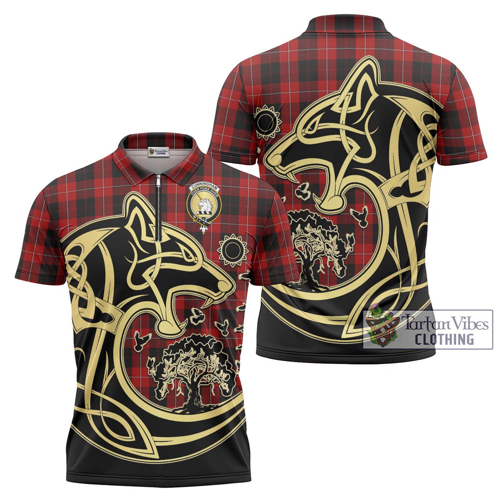 Cunningham Tartan Zipper Polo Shirt with Family Crest Celtic Wolf Style Unisex - Tartanvibesclothing Shop