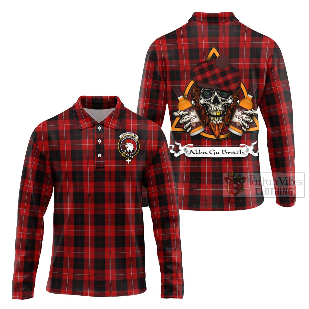 Tartan Vibes Clothing Cunningham Tartan Long Sleeve Polo Shirt with Family Crest and Bearded Skull Holding Bottles of Whiskey