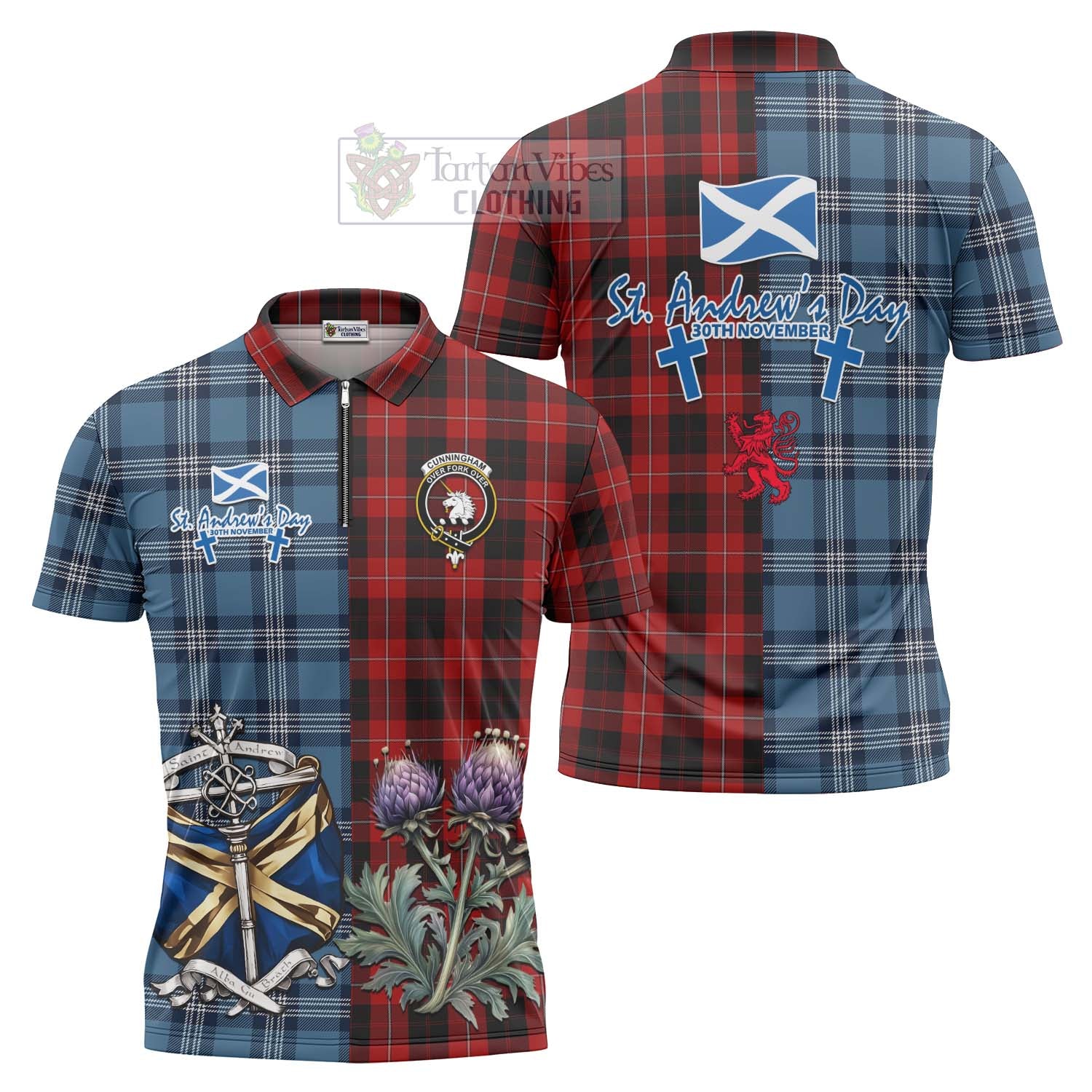 Tartan Vibes Clothing Cunningham Tartan Zipper Polo Shirt Happy St. Andrew's Day Half Tartan Style