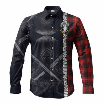 Cunningham Tartan Long Sleeve Button Shirt with Family Crest Cross Sword Thistle Celtic Vibes