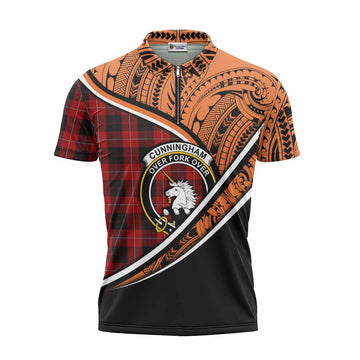 Cunningham Crest Tartan Zipper Polo Shirt with Polynesian Vibes Style - Orange Version