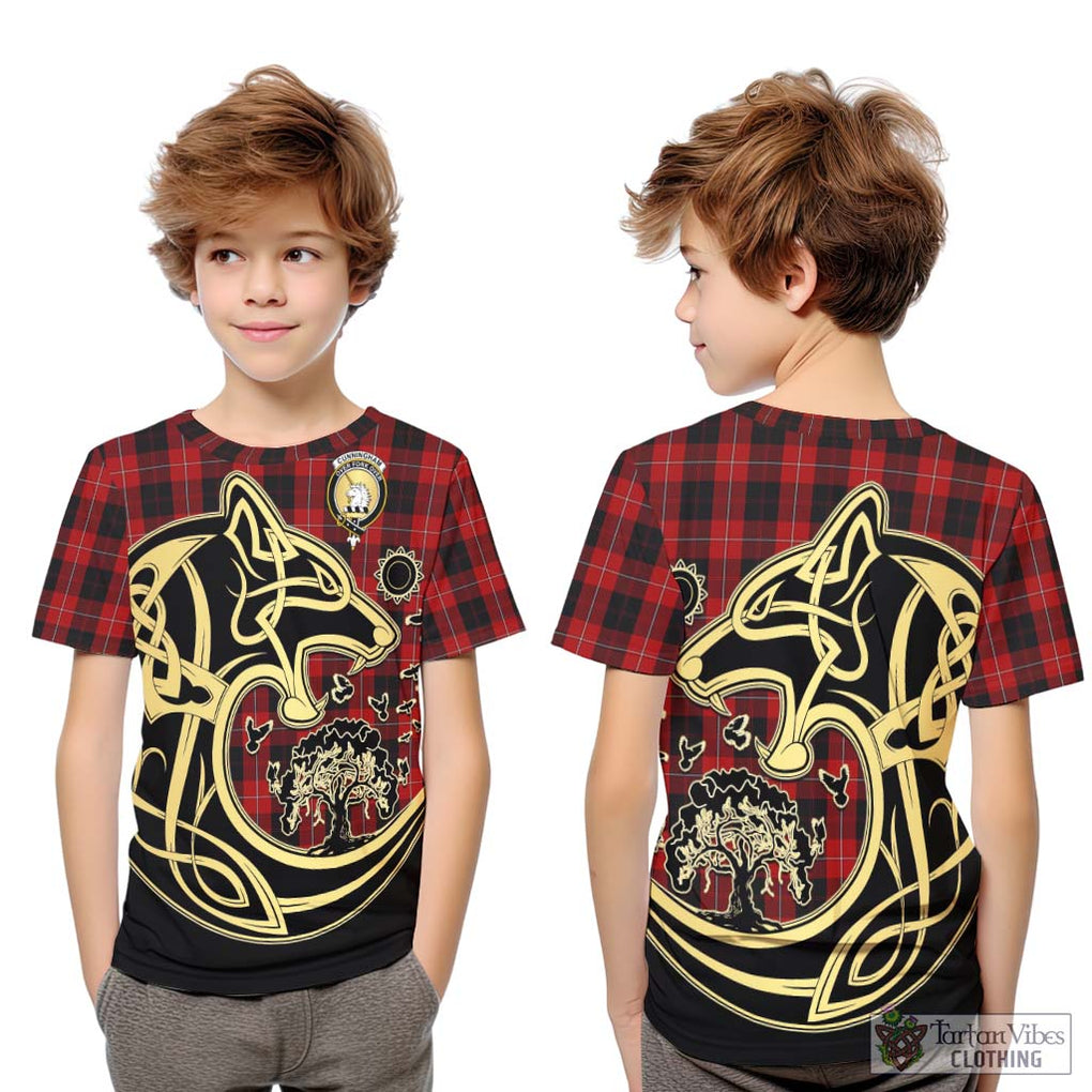 Cunningham Tartan Kid T-Shirt with Family Crest Celtic Wolf Style Youth XL Size14 - Tartan Vibes Clothing