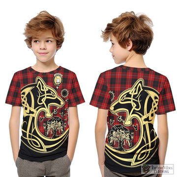 Cunningham Tartan Kid T-Shirt with Family Crest Celtic Wolf Style