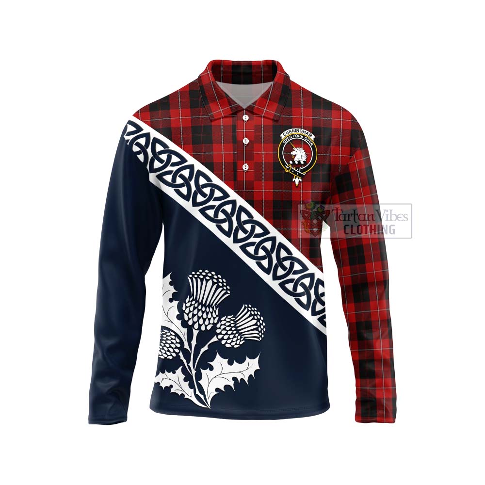 Tartan Vibes Clothing Cunningham Tartan Long Sleeve Polo Shirt Featuring Thistle and Scotland Map