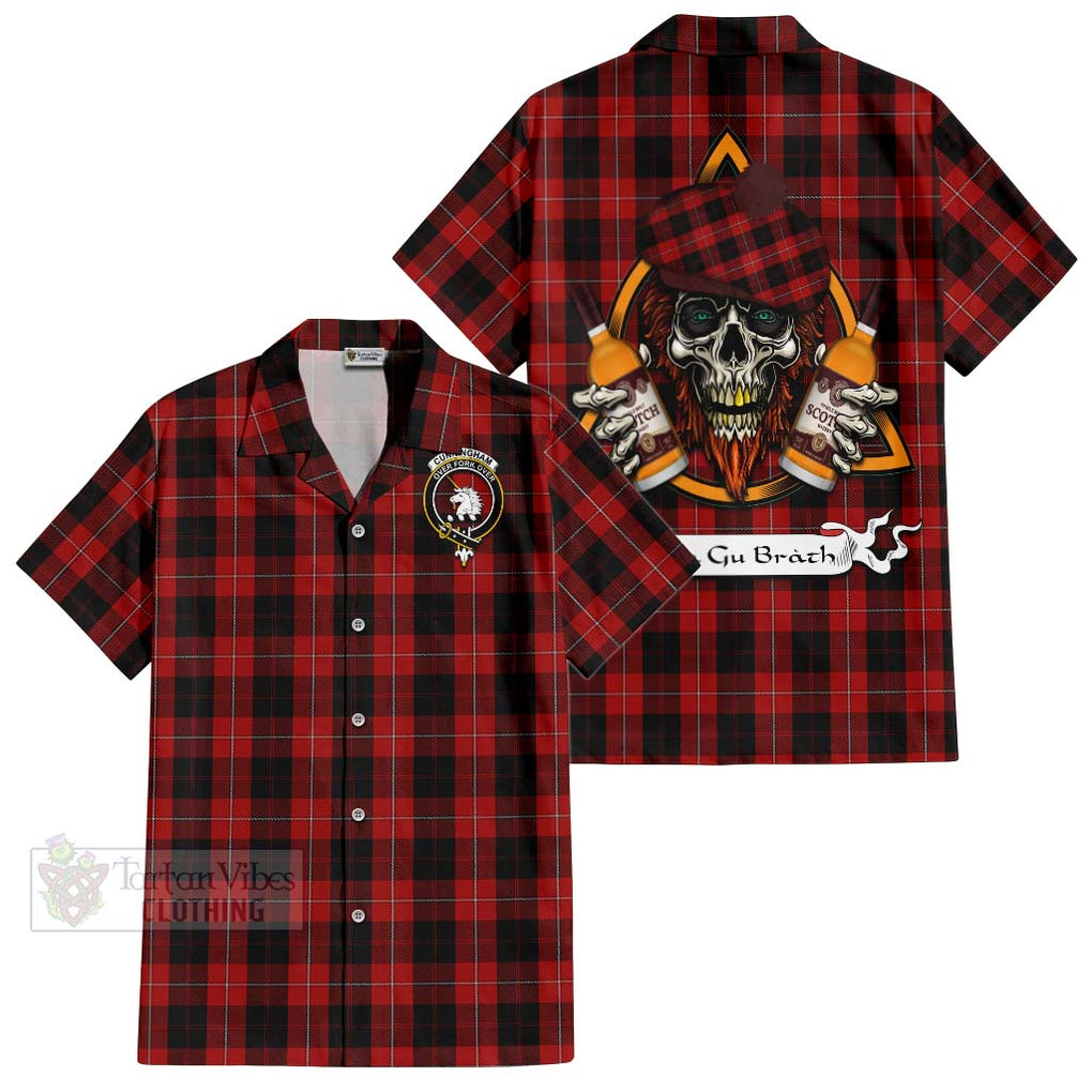 Tartan Vibes Clothing Cunningham Tartan Short Sleeve Button Shirt with Family Crest and Bearded Skull Holding Bottles of Whiskey