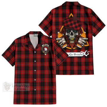 Cunningham Tartan Short Sleeve Button Shirt with Family Crest and Bearded Skull Holding Bottles of Whiskey