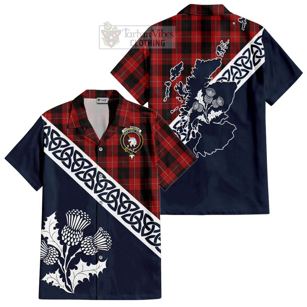 Tartan Vibes Clothing Cunningham Tartan Short Sleeve Button Shirt Featuring Thistle and Scotland Map