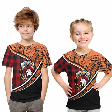 Cunningham Crest Tartan Kid T-Shirt with Polynesian Vibes Style - Orange Version