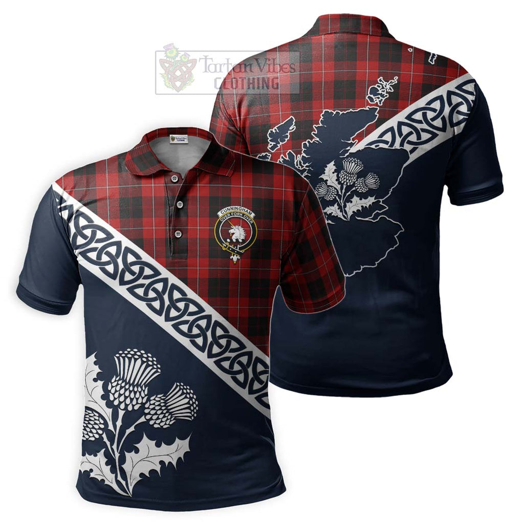 Cunningham Tartan Polo Shirt Featuring Thistle and Scotland Map